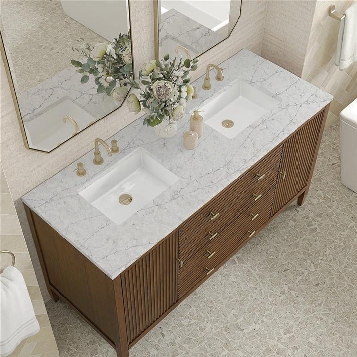 Myrrin 60" Double Vanity, Mid Century Walnut w/ 3 CM Eternal Jasmine Pearl Silestone Top w/FreePower Wireless Charger
