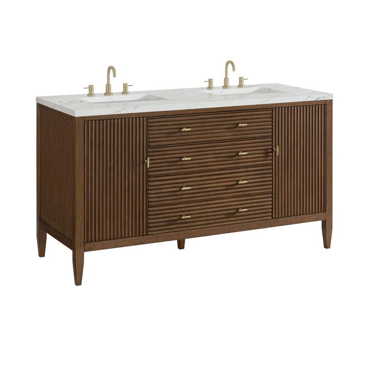 Myrrin 60" Double Vanity, Mid Century Walnut w/ 3 CM Ethereal Noctis Silestone Top w/FreePower Wireless Charger