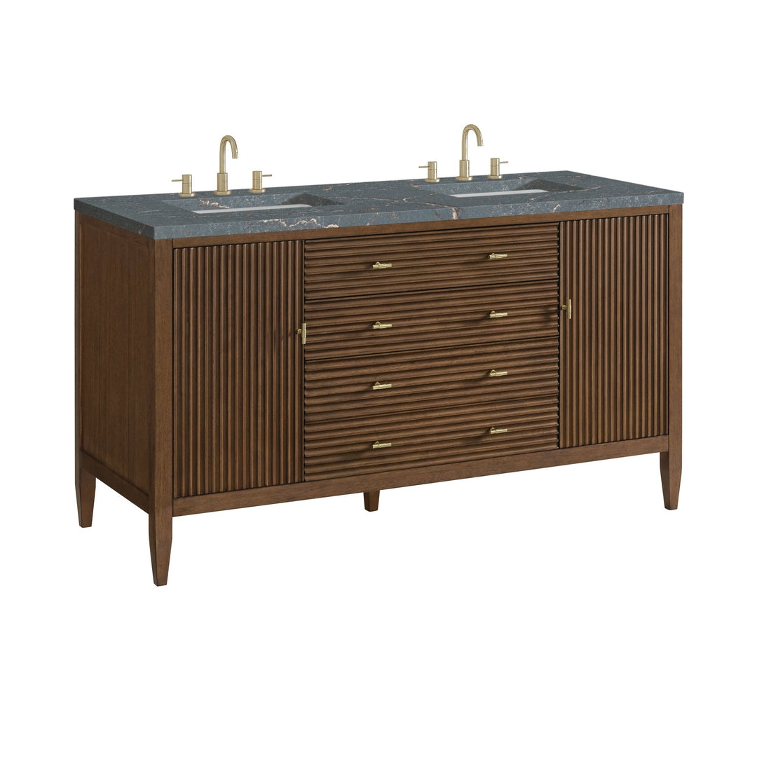 Myrrin 60" Double Vanity, Mid Century Walnut w/ 3 CM Parisien Bleu Silestone Top w/FreePower Wireless Charger
