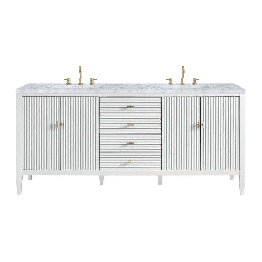 Myrrin 72" Double Vanity, Bright White w/ 3 CM Carrara White Marble Top