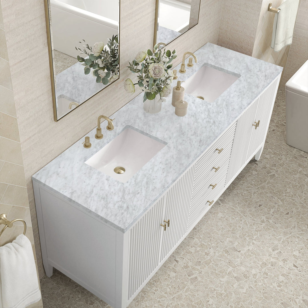 Myrrin 72" Double Vanity, Bright White w/ 3 CM Carrara White Marble Top