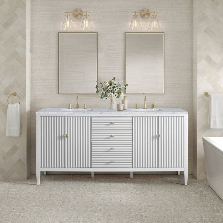 Myrrin 72" Double Vanity, Bright White w/ 3 CM Carrara White Marble Top