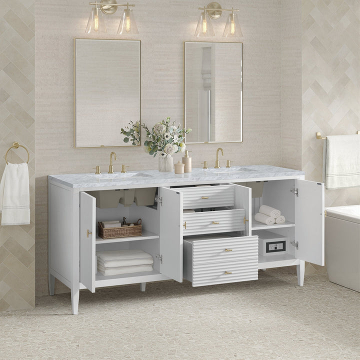 Myrrin 72" Double Vanity, Bright White w/ 3 CM Carrara White Marble Top