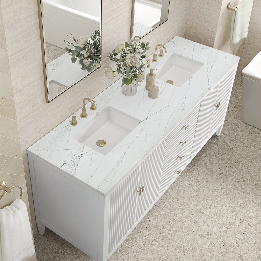 Myrrin 72" Double Vanity, Bright White w/ 3 CM Ethereal Noctis Silestone Top