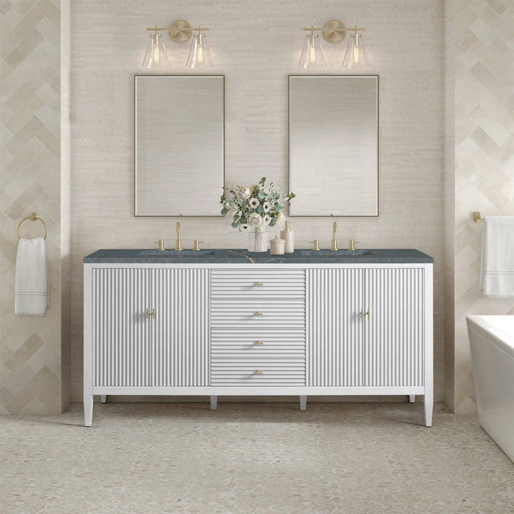 Myrrin 72" Double Vanity, Bright White w/ 3 CM Parisien Bleu Silestone Top