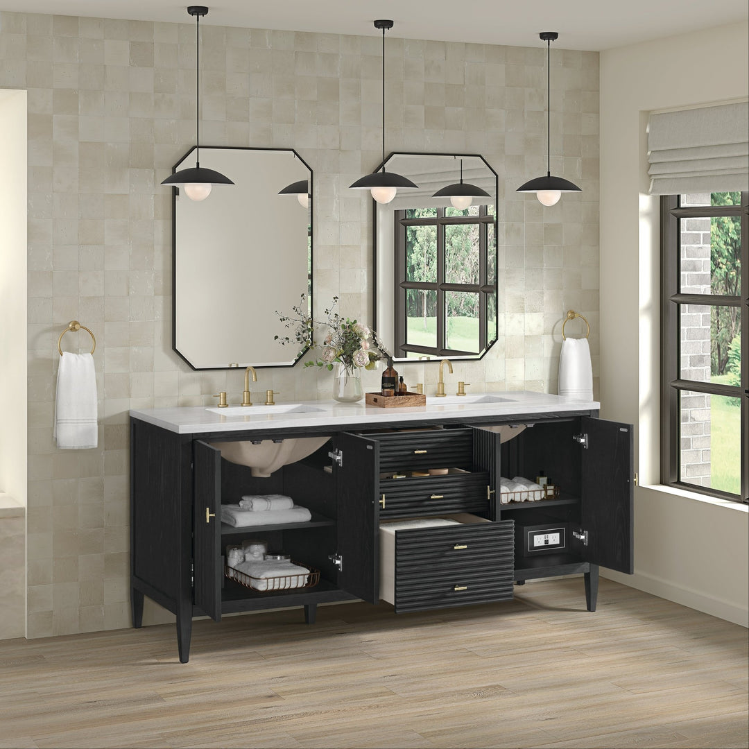 Myrrin 72" Double Vanity, Carbon Oak w/ 3 CM Arctic Fall Solid Surface Top