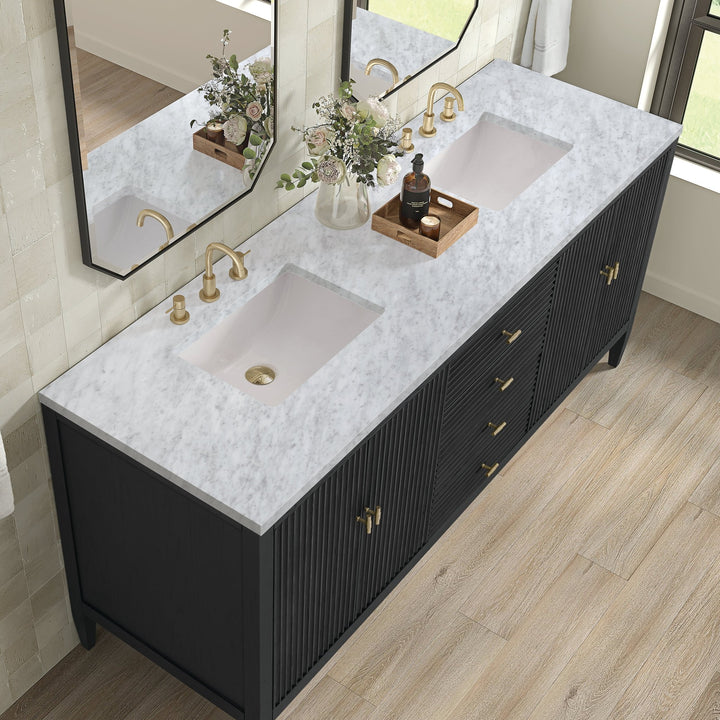 Myrrin 72" Double Vanity, Carbon Oak w/ 3 CM Carrara White Marble Top