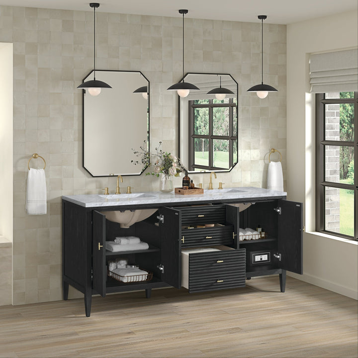 Myrrin 72" Double Vanity, Carbon Oak w/ 3 CM Carrara White Marble Top
