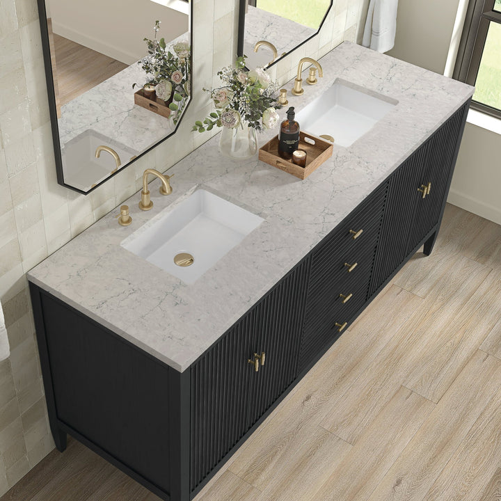 Myrrin 72" Double Vanity, Carbon Oak w/ 3 CM Eternal Jasmine Pearl Silestone Top w/FreePower Wireless Charger