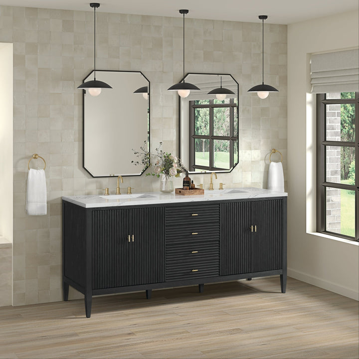 Myrrin 72" Double Vanity, Carbon Oak w/ 3 CM Ethereal Noctis Silestone Top
