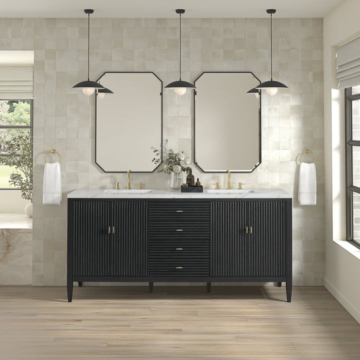 Myrrin 72" Double Vanity, Carbon Oak w/ 3 CM Ethereal Noctis Silestone Top w/FreePower Wireless Charger