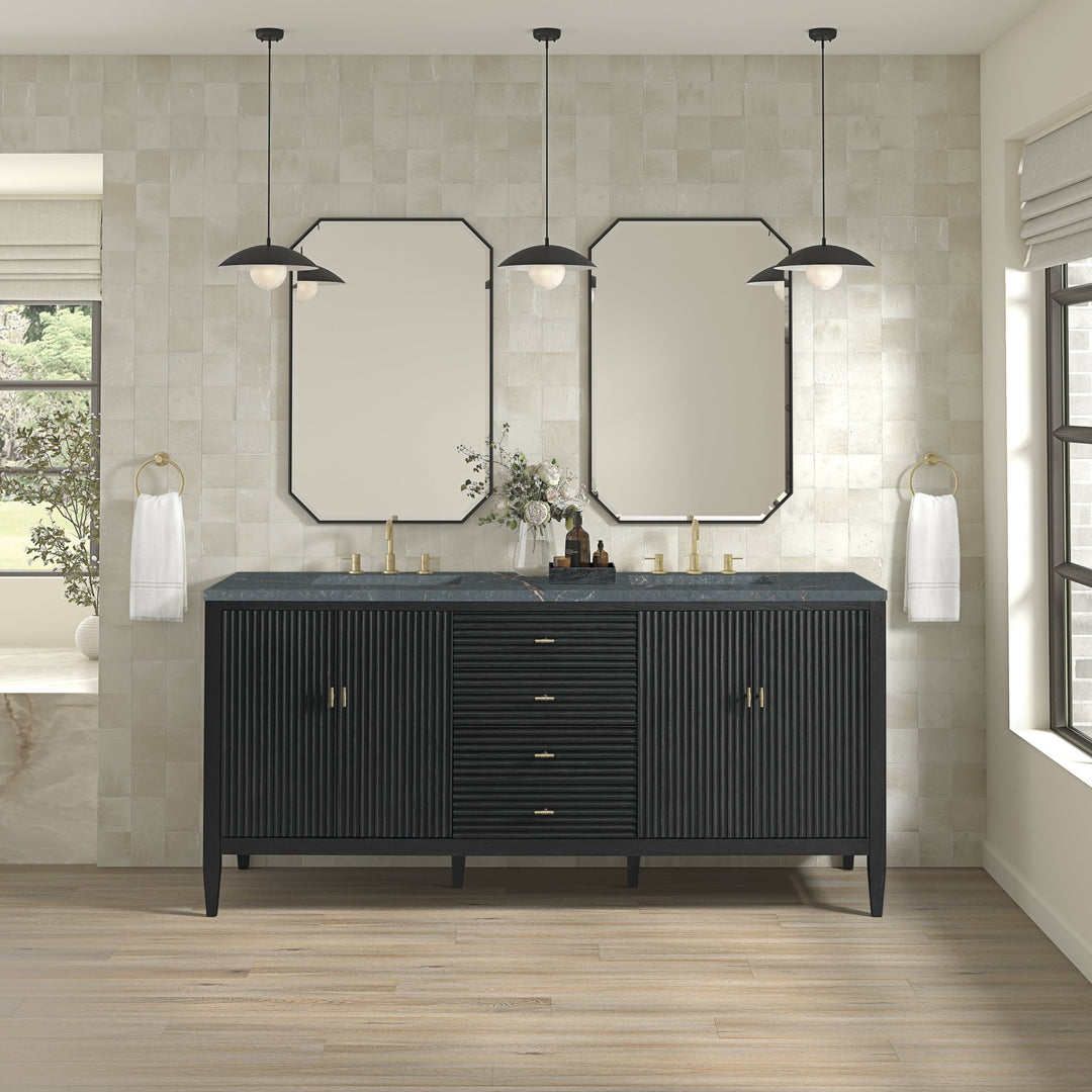 Myrrin 72" Double Vanity, Carbon Oak w/ 3 CM Parisien Bleu Silestone Top w/FreePower Wireless Charger