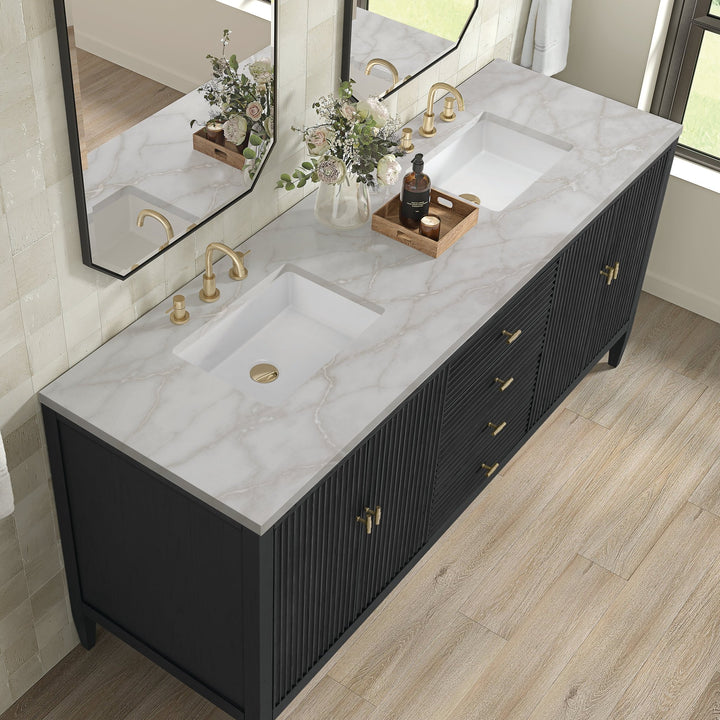 Myrrin 72" Double Vanity, Carbon Oak w/ 3 CM Victorian Silver Silestone Top w/FreePower Wireless Charger