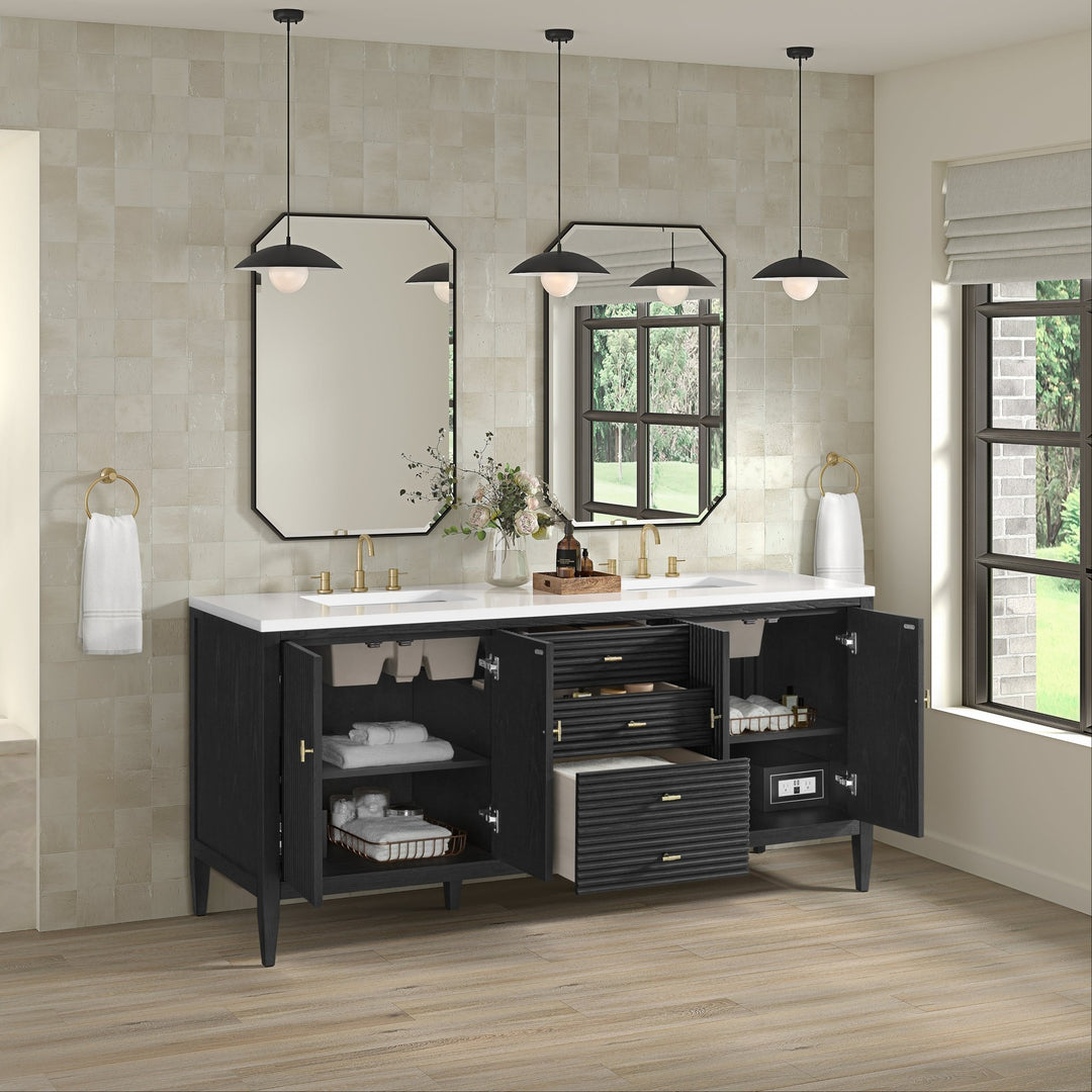 Myrrin 72" Double Vanity, Carbon Oak w/ 3 CM White Zeus Silestone Top