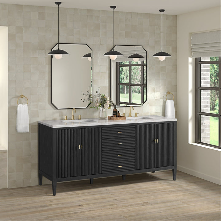 Myrrin 72" Double Vanity, Carbon Oak w/ 3 CM White Zeus Silestone Top