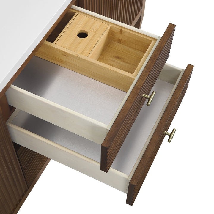 Myrrin 72" Double Vanity, Mid Century Walnut w/ 3 CM Eternal Jasmine Pearl Silestone Top w/FreePower Wireless Charger