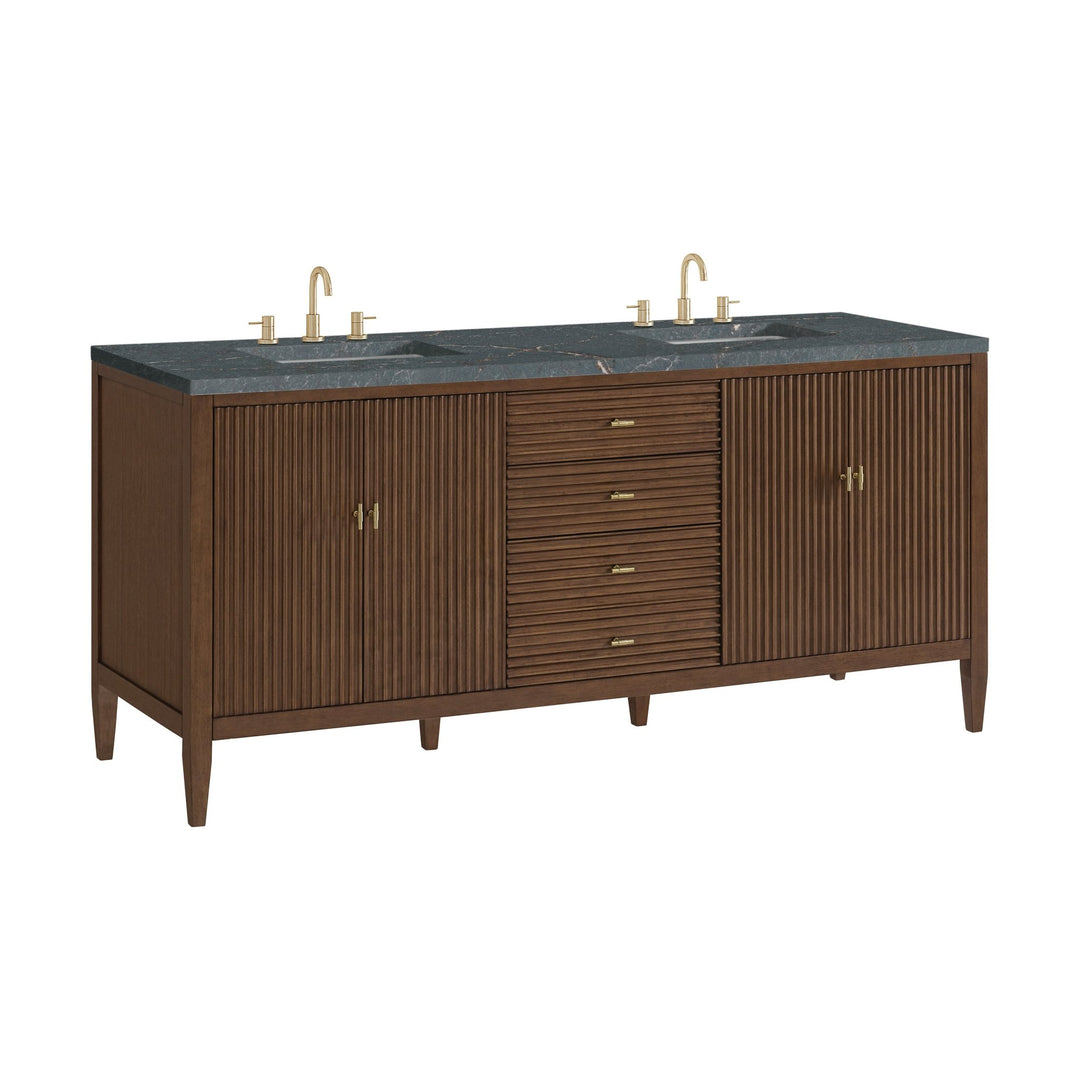 Myrrin 72" Double Vanity, Mid Century Walnut w/ 3 CM Parisien Bleu Silestone Top w/FreePower Wireless Charger