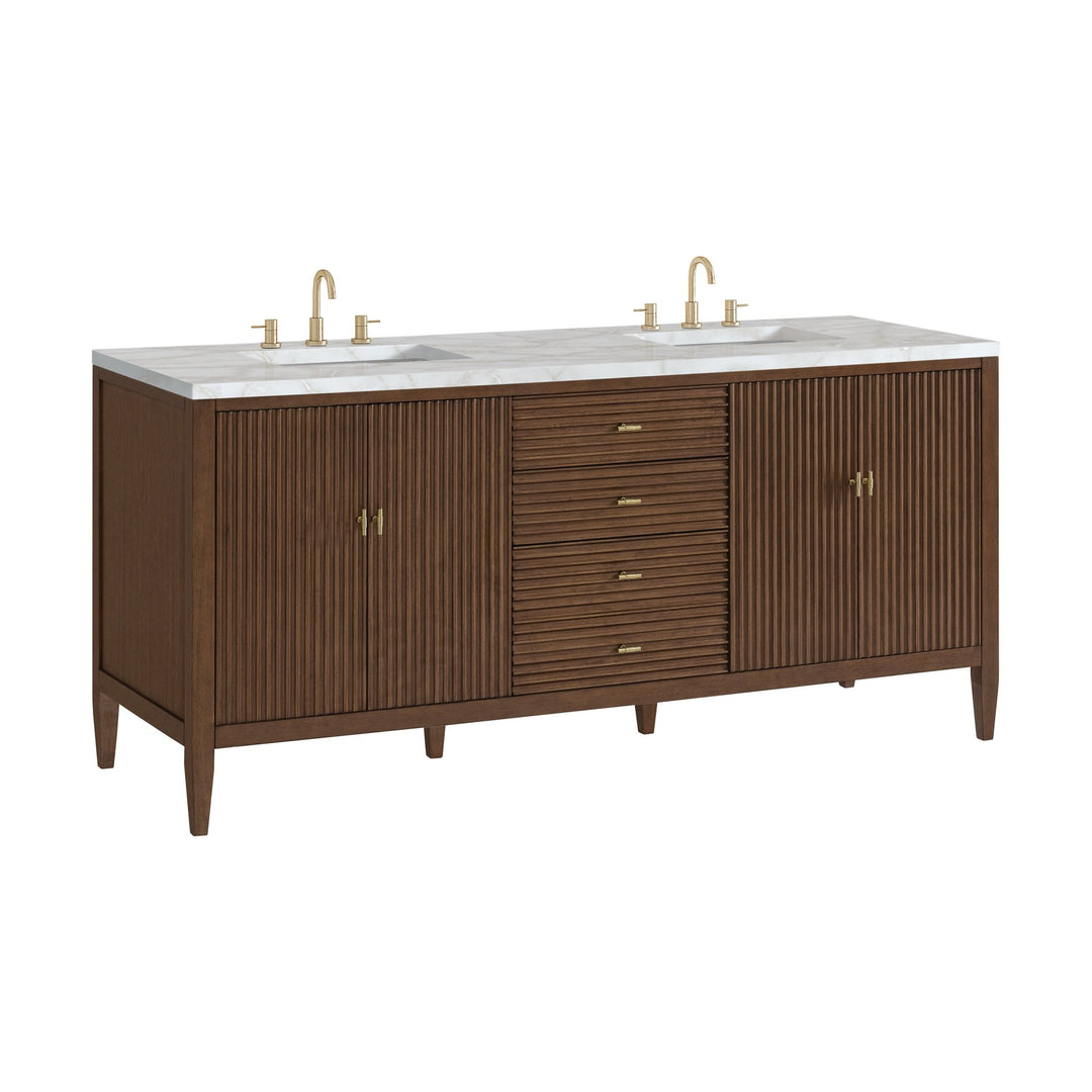 Myrrin 72" Double Vanity, Mid Century Walnut w/ 3 CM Victorian Silver Silestone Top w/FreePower Wireless Charger