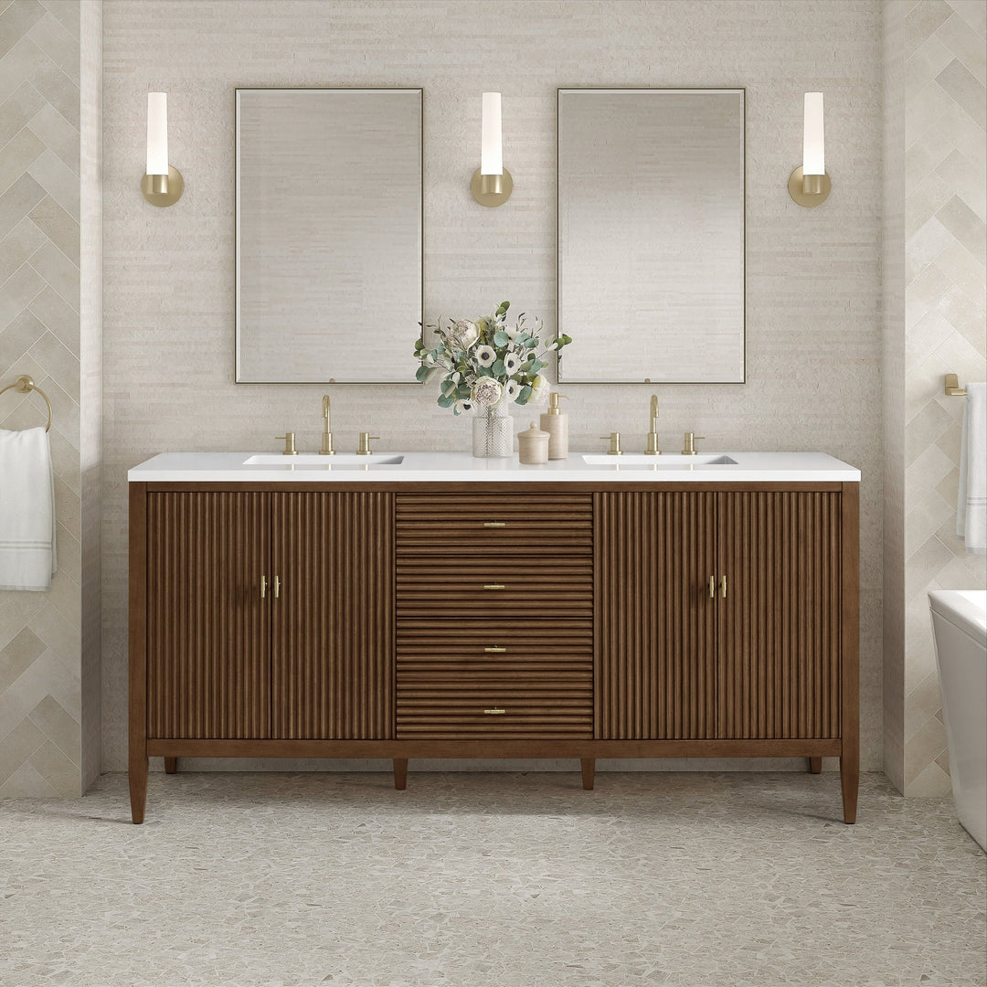 Myrrin 72" Double Vanity, Mid Century Walnut w/ 3 CM White Zeus Silestone Top