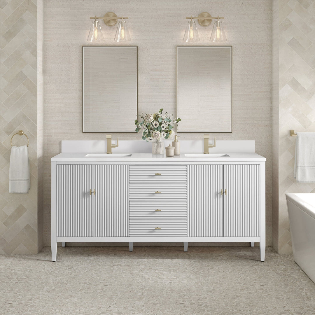 Myrrin 72" Vanity, Bright White w/ Single Hole 3 CM White Zeus Silestone Top & Backsplash