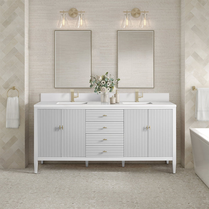 Myrrin 72" Vanity, Bright White w/ Single Hole 3 CM White Zeus Silestone Top & Backsplash