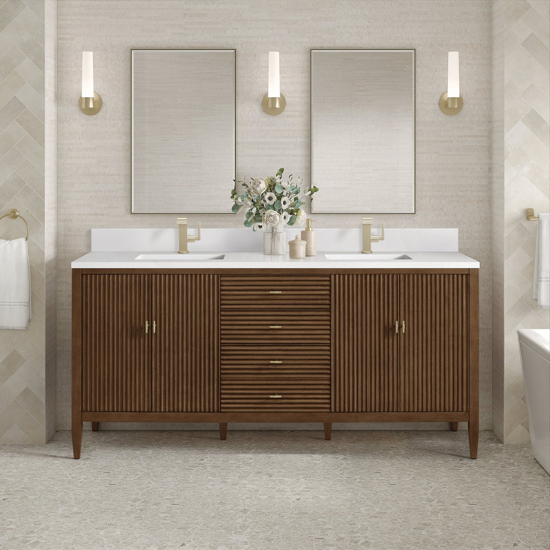 Myrrin 72" Vanity, Mid Century Walnut w/ Single Hole 3 CM White Zeus Silestone Top & Backsplash