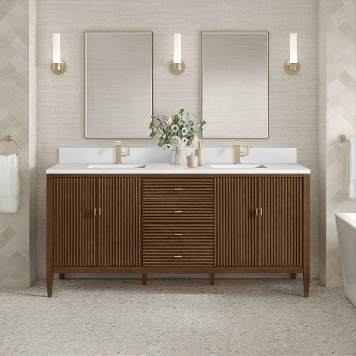 Myrrin 72" Vanity, Mid Century Walnut w/ Single Hole 3 CM White Zeus Silestone Top & Backsplash