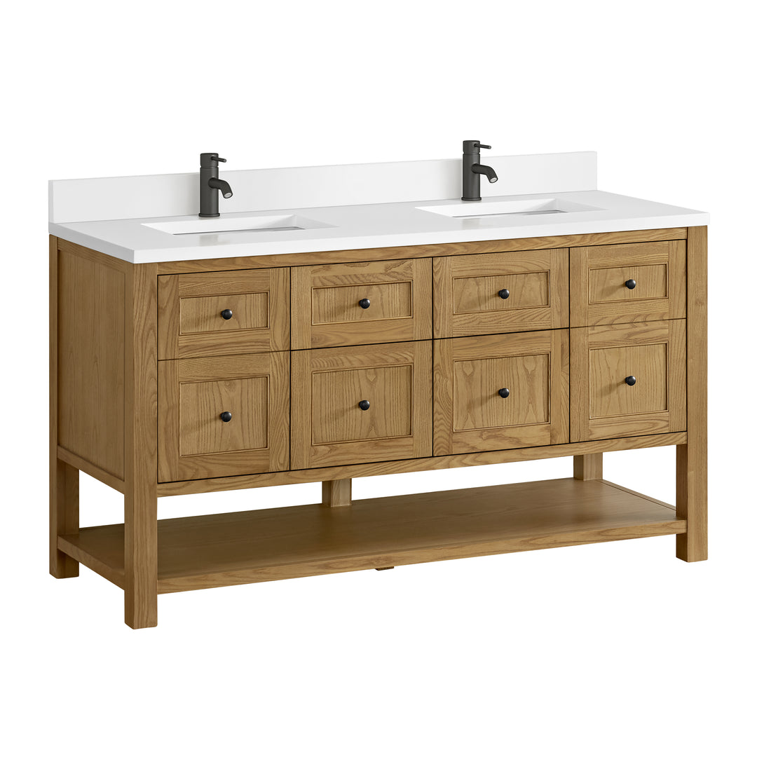 Breckenridge 60" Double Vanity, Light Natural Oak, w/ Single Hole 3 CM White Zeus Quartz Top & Backsplash