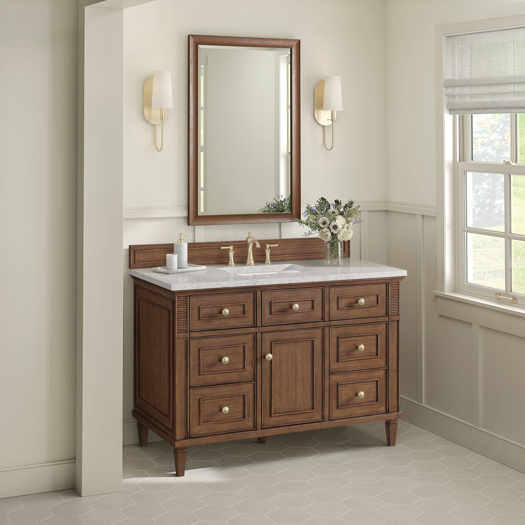 Lorelai 48" Single Vanity, Mid-Century Walnut w/ 3 CM Eternal Jasmine Pearl Silestone Top w/FreePower Wireless Charger
