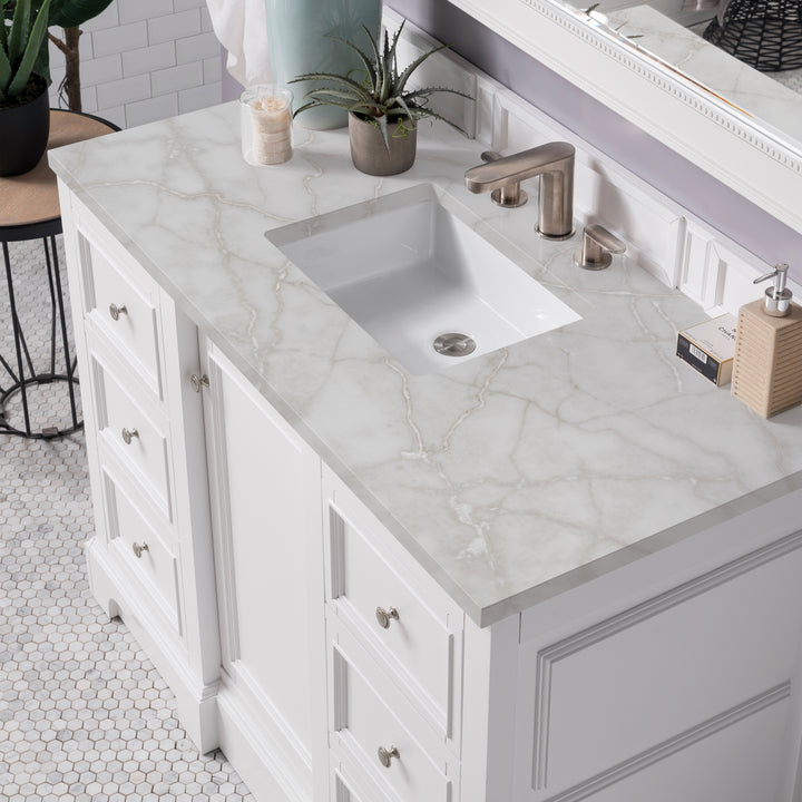 De Soto 48" Single Vanity, Bright White w/ 3 CM Victorian Silver Silestone Top