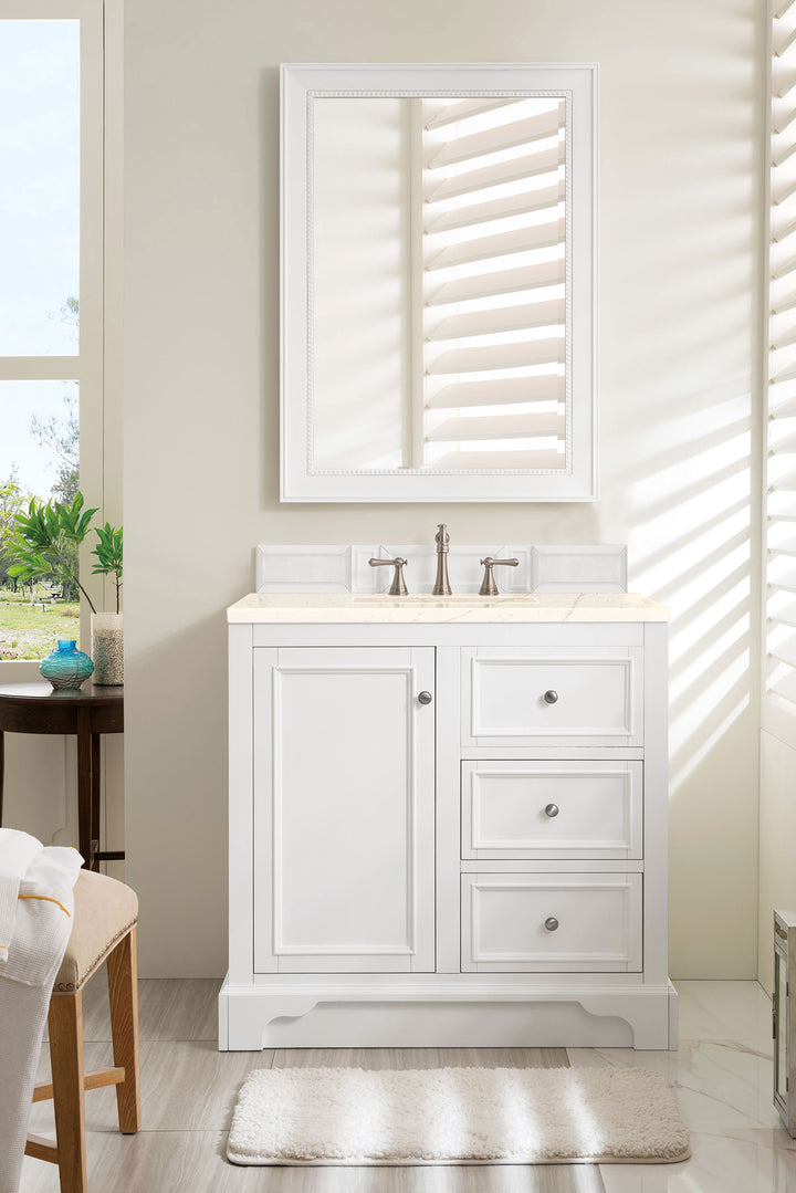 De Soto 36" Single Vanity, Bright White w/ 3 CM Eternal Marfil Silestone Top