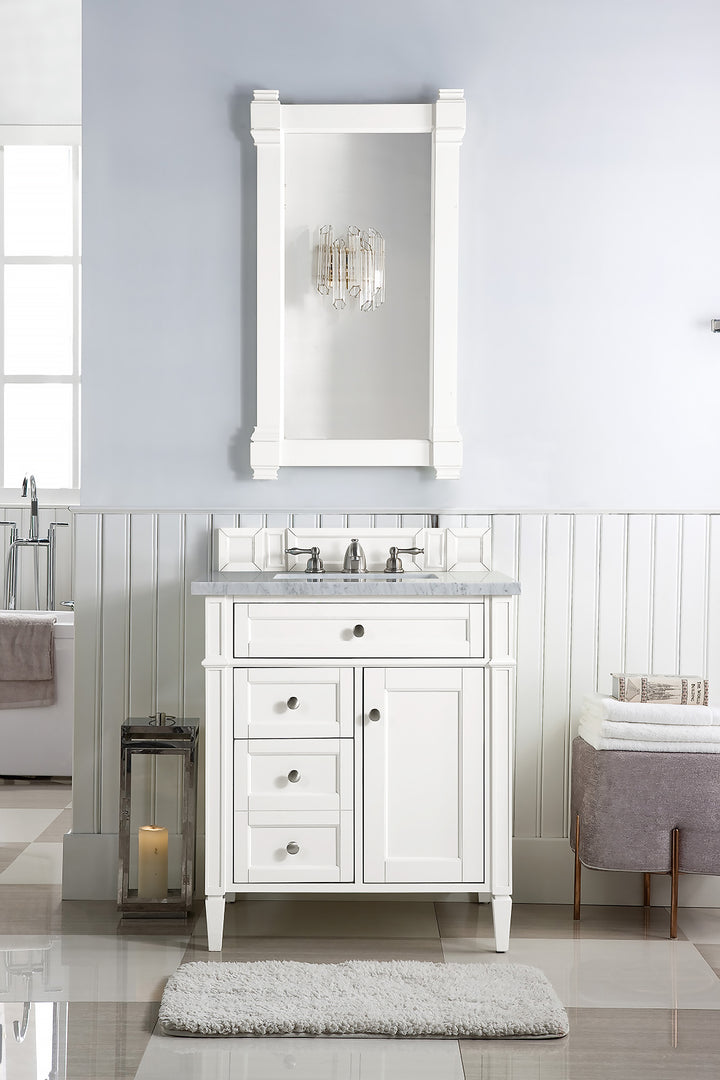 Brittany 30" Single Vanity, Bright White w/ 3 CM Carrara Marble Top