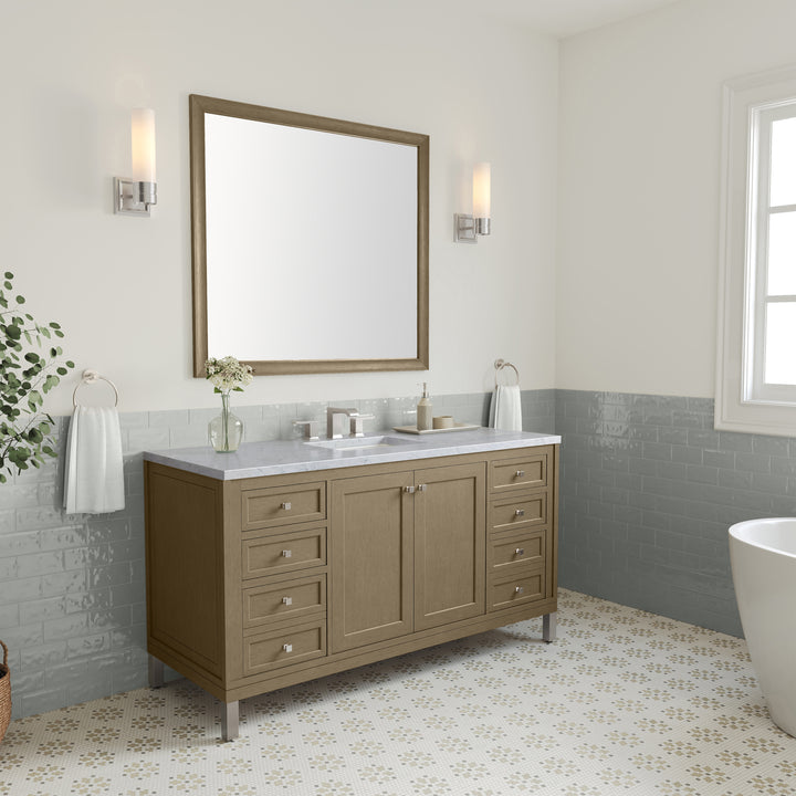 Chicago 60" Single Vanity, Walnut Whisper, w/ 3 CM Carrara Marble Top