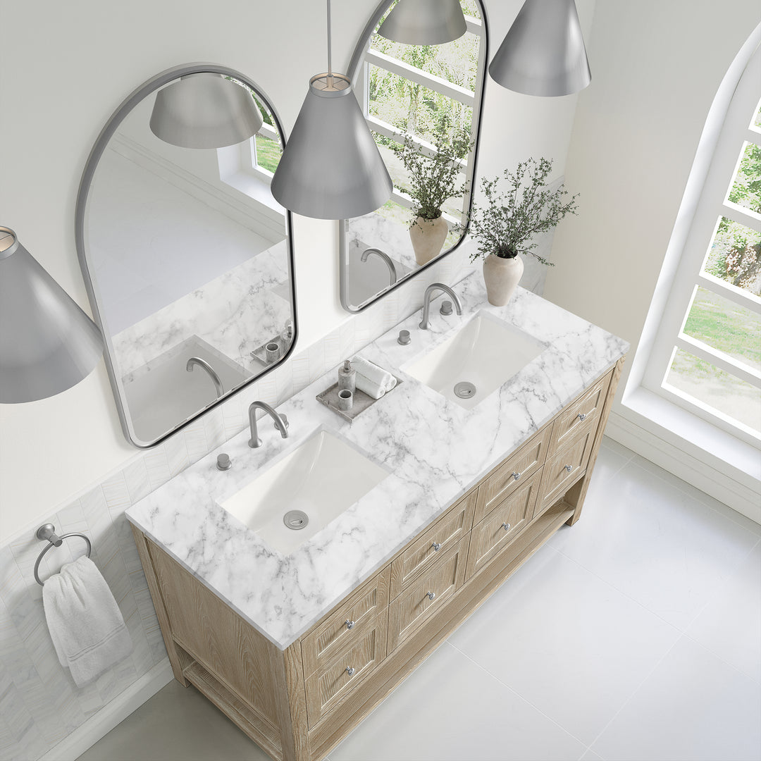 Breckenridge 60" Double Vanity, Whitewashed Oak, w/ 3 CM Carrara Marble Top