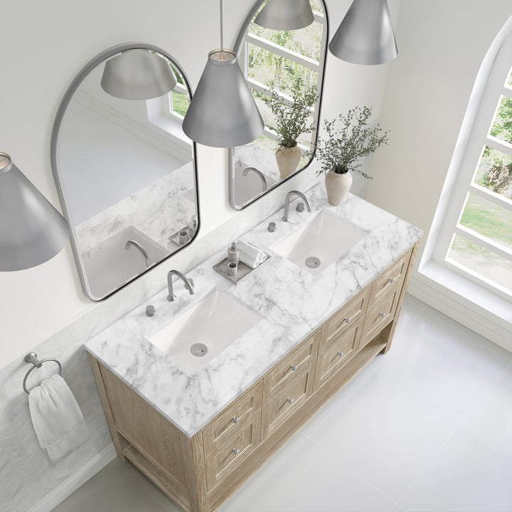 Breckenridge 60" Double Vanity, Whitewashed Oak, w/ 3 CM Carrara Marble Top