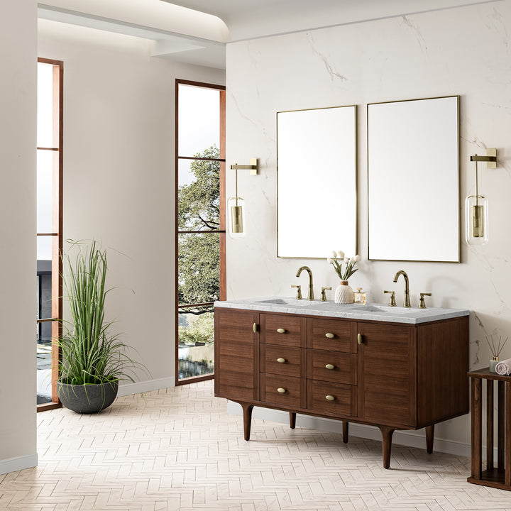 Amberly 60" Double Vanity, Mid-Century Walnut w/ 3 CM Eternal Jasmine Pearl Top w/FreePower Wireless Charger