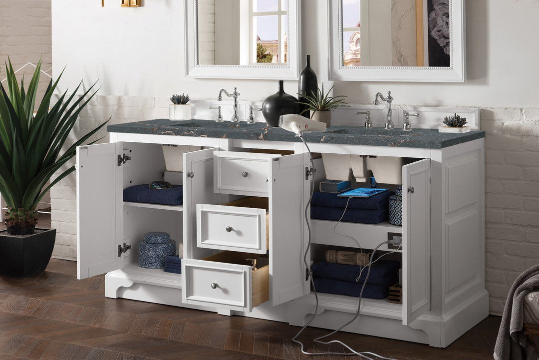 De Soto 72" Double Vanity, Bright White w/ 3 CM Parisien Bleu Silestone Top