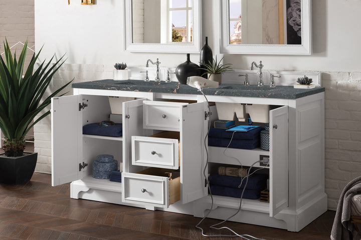 De Soto 72" Double Vanity, Bright White w/ 3 CM Parisien Bleu Silestone Top