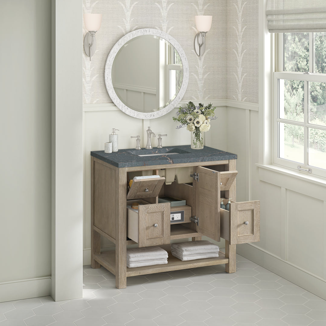 Breckenridge 36" Single Vanity, Whitewashed Oak w/ 3 CM Parisien Bleu Silestone Top