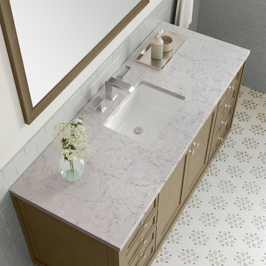 Chicago 60" Single Vanity, Walnut Whisper, w/ 3 CM Eternal Jasmine Pearl Silestone Top w/ FreePower Wireless Charger