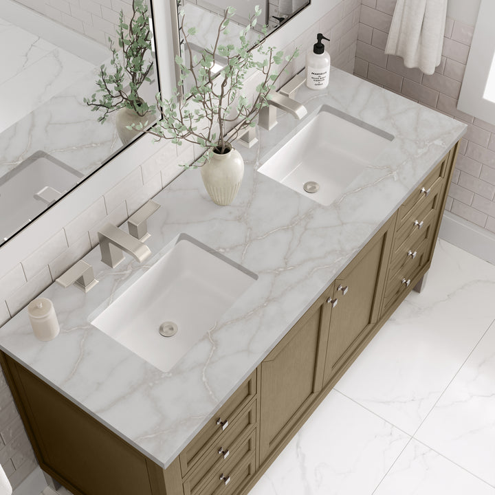 Chicago 60" Double Vanity, Walnut Whisper, w/ 3 CM Victorian Silver Silestone® Top w/FreePower Wireless Charger