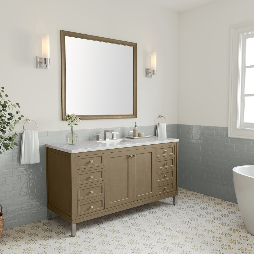 Chicago 60" Single Vanity, Walnut Whisper, w/ 3 CM Ethereal Noctis Silestone Top w/ FreePower Wireless Charger