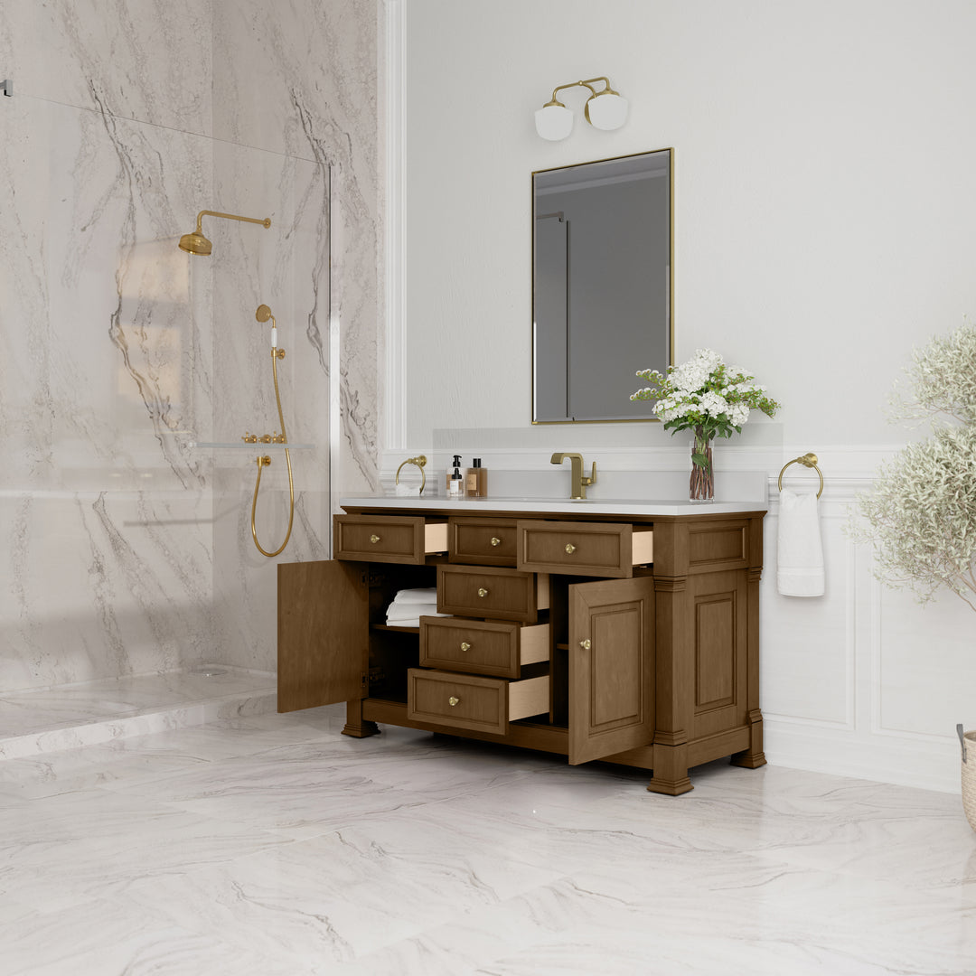 Brookfield 60" Single Vanity, Honey Oak w/ Single Hole 3 CM White Zeus Silestone® Top & Backsplash