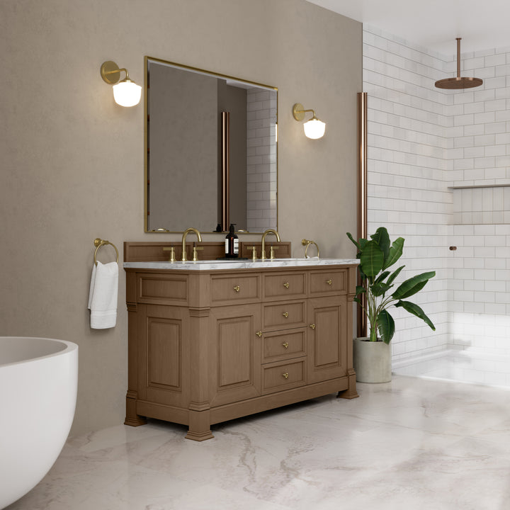 Brookfield 60" Double Vanity, Pecan w/3 CM Carrara White Marble Top