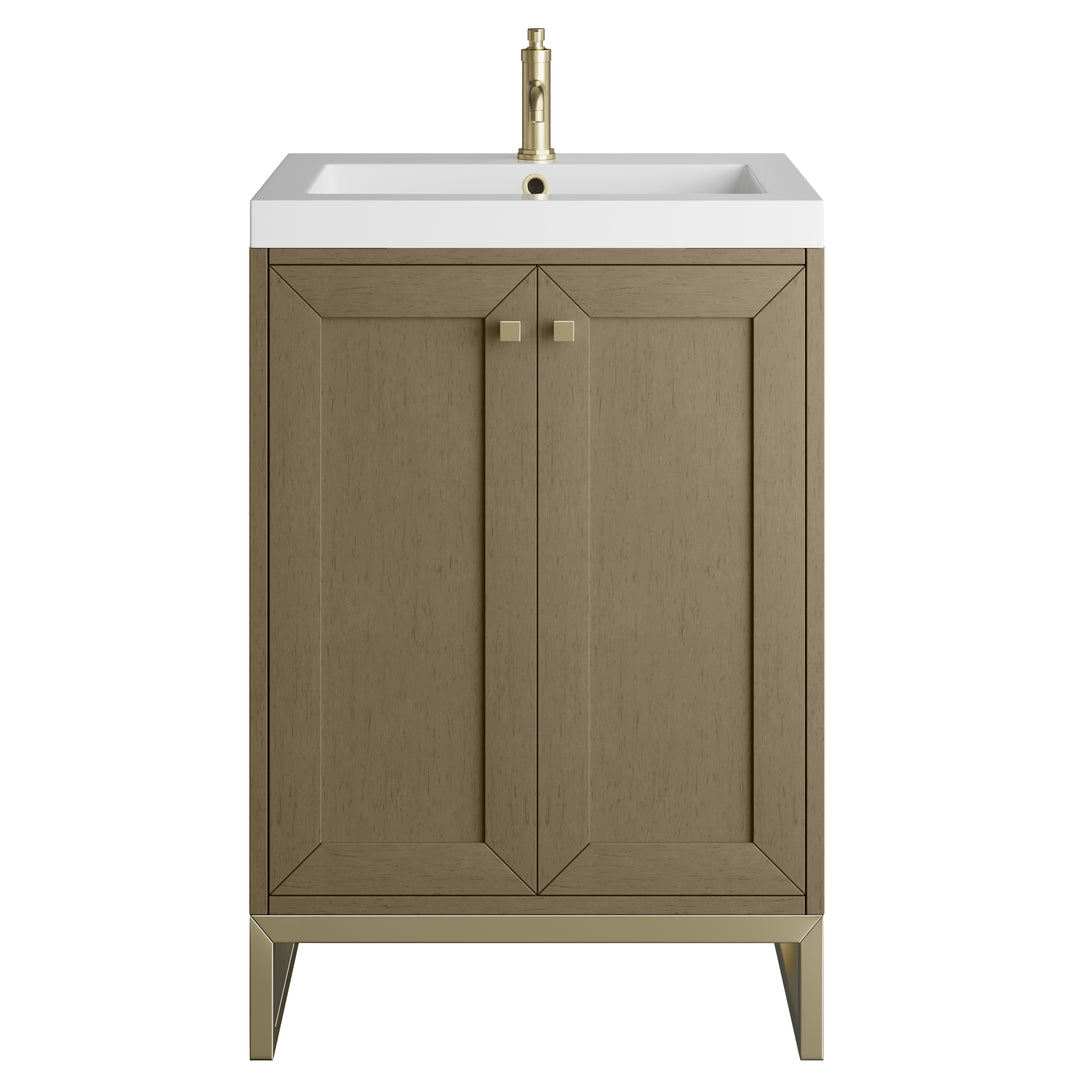 Chianti 24" Single Vanity, Walnut Whisper, Champagne Brass, w/ White Glossy Composite Stone Top