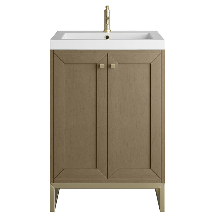 Chianti 24" Single Vanity, Walnut Whisper, Champagne Brass, w/ White Glossy Composite Stone Top