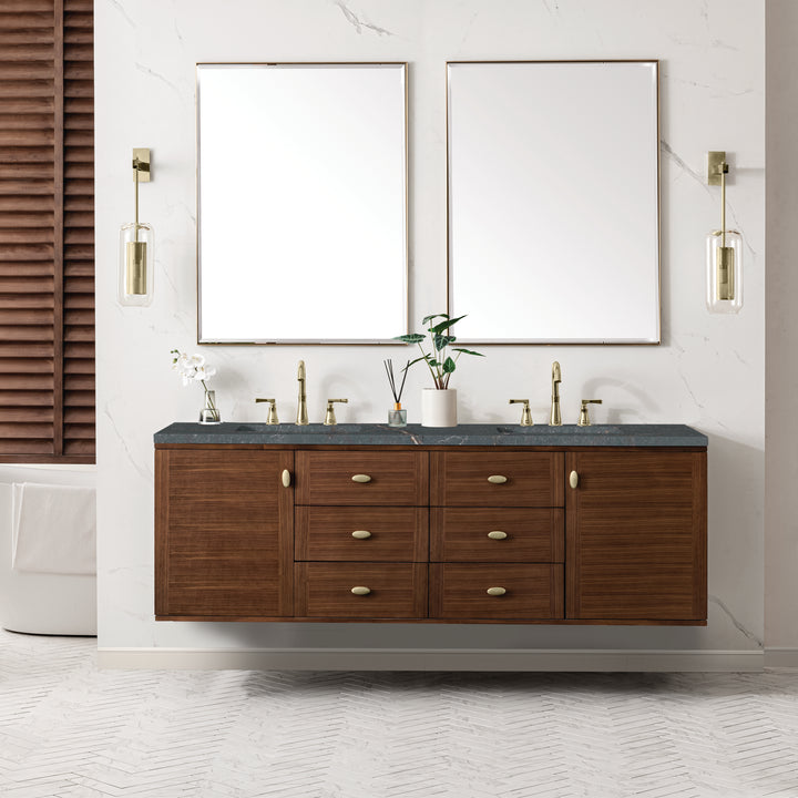 Amberly 72" Double Vanity, Mid-Century Walnut w/ 3 CM Parisien Bleu Top