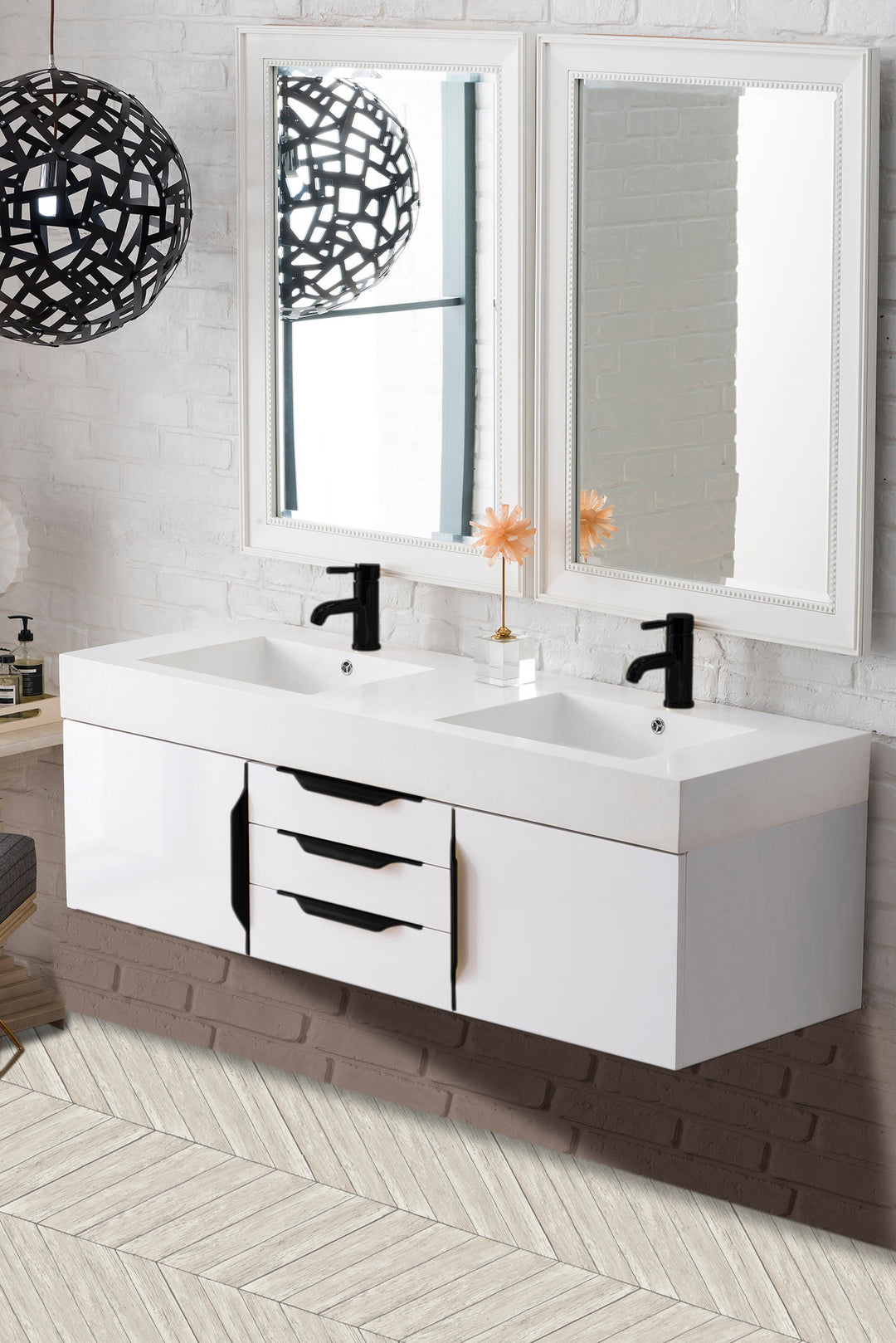 Columbia 59" Double Wall Mount Vanity, Glossy White, Matte Black w/ Glossy White Composite Stone Top