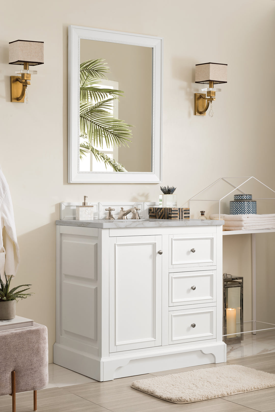 De Soto 36" Single Vanity, Bright White w/ 3 CM Victorian Silver Silestone Top