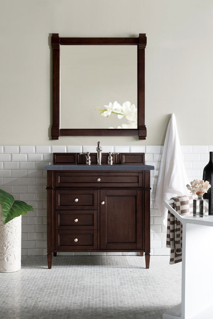 Brittany 36" Single Vanity, Burnished Mahogany w/ 3 CM Charcoal Soapstone Silestone Top